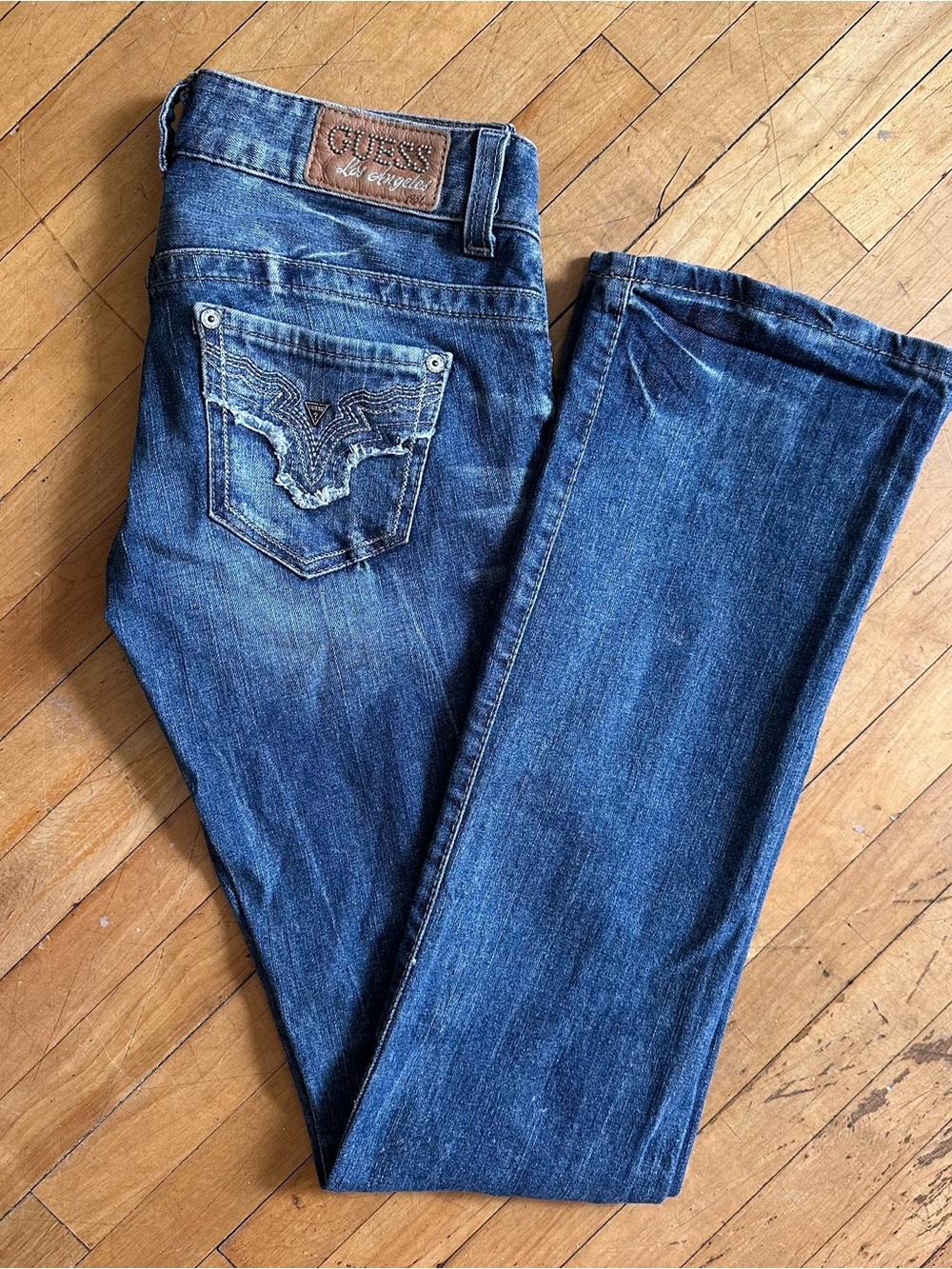 Y2K GUESS Women's Blue Boot Cut Jeans with Embroidered Back Pocket